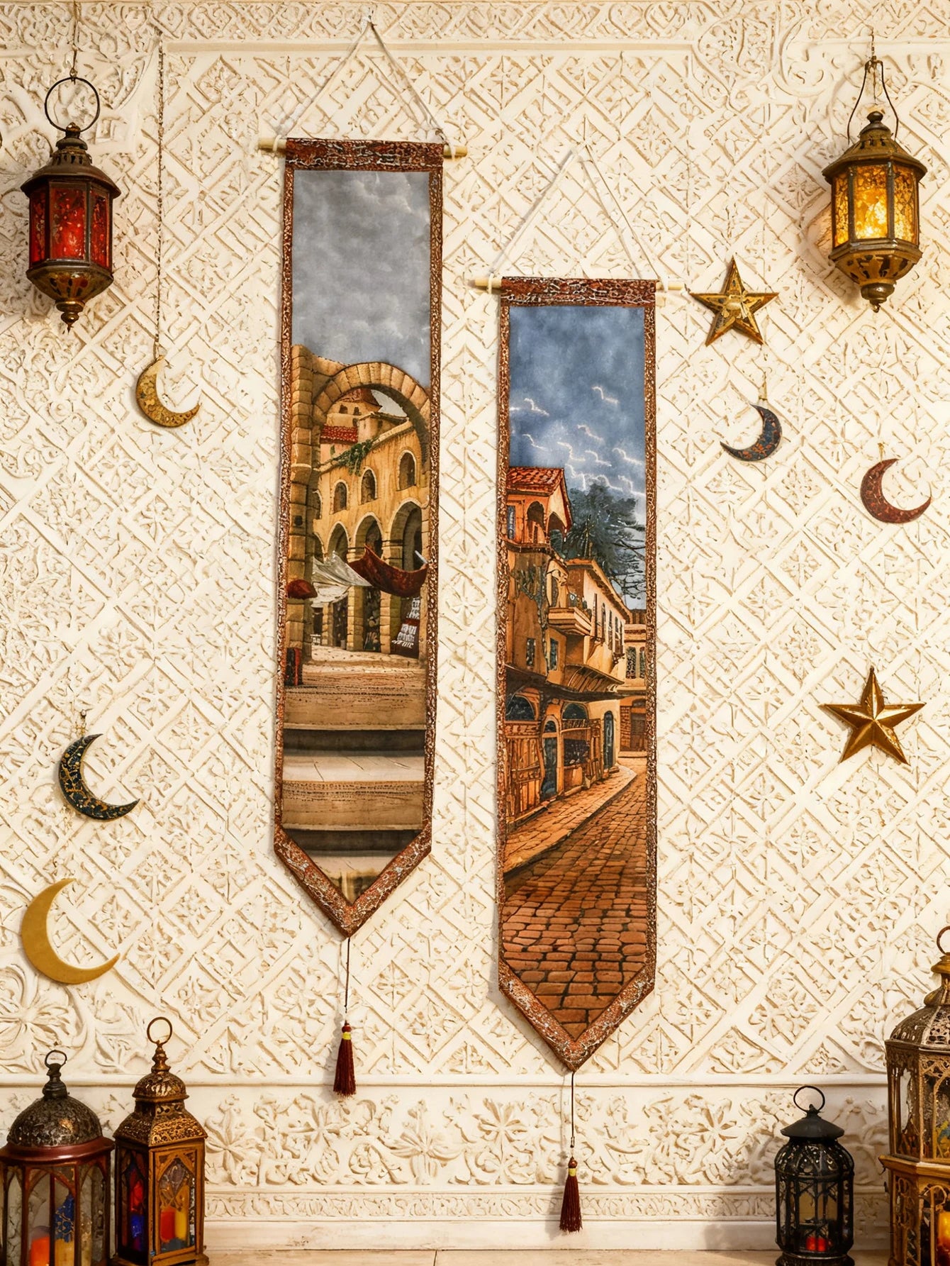 Ramadan Islamic Wall Hanging Tapestry Building Print Banner with Tassel Boho Home Decor for Living Room Bedroom Hanging Art Gift