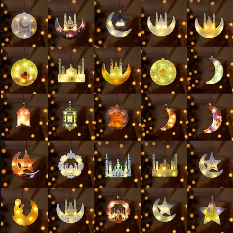 Ramadan String Lights LED Curtain with Moon Castle for Eid Mubarak Celebration Islamic Festive Window Decor Home Atmosphere