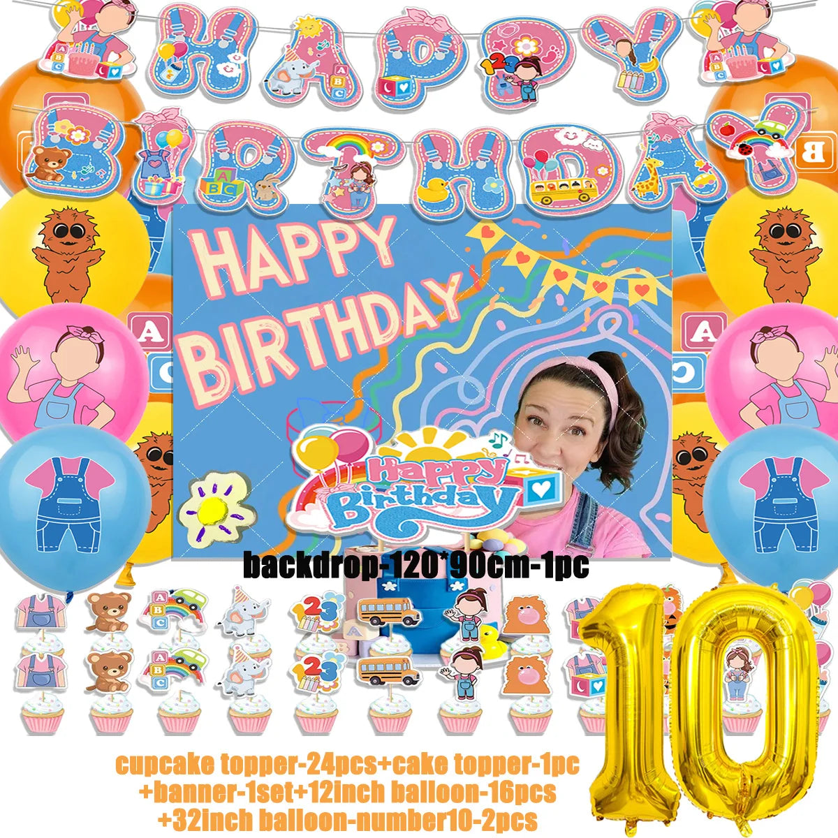 Cartoon English Teacher Theme Child Birthday Party Decor Ms&Racheled Balloon Banner Backdrops Cupcake Toppers for Kids Gifts