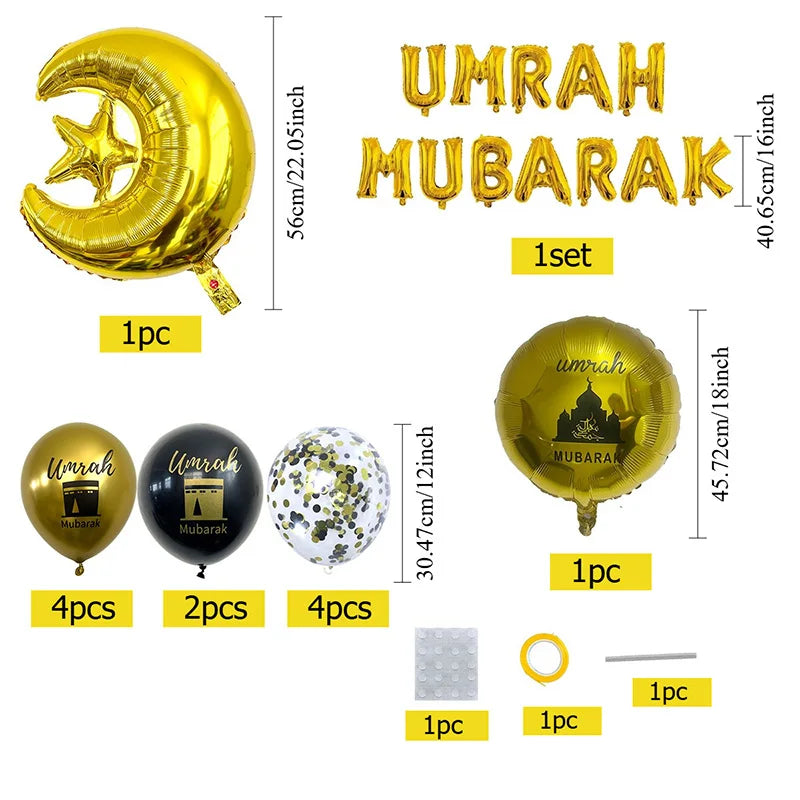 1Set Umrah Mubarak Balloon Set Banner Muslim Festival Home DIY Decor Eid Mubarak Ramadan Kareem Hajj Party Supplies