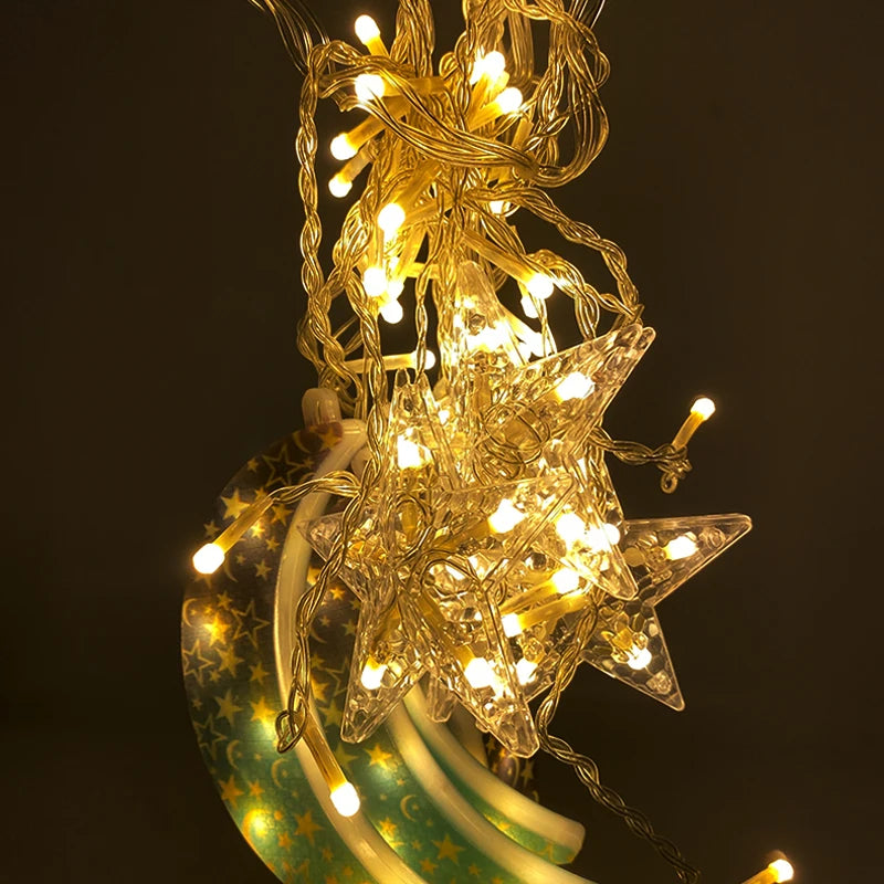 2026 Eid Al-Fitr Mubarak LED String Lights Moon Stars Curtain String Lights Islamic Ramadan Kareem Decoration for Home Garden