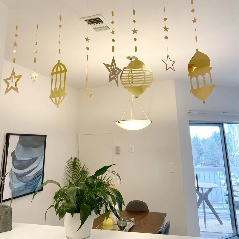 Ramadan Gold Silver Star Moon Lantern Hanging Streamer Garland Eid Mubarak Home Decoration 2025 Muslim Islamic Party Supplies