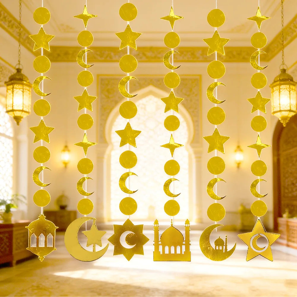 Gold Star Crescent Castle Hanging Garland - Ramadan Eid Party Decor - Moon Festival Streamer Ornament