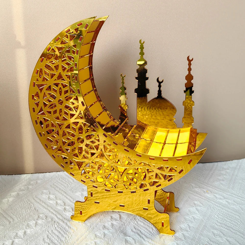 Golden Islamic Moon and Mosque 3D Acrylic Puzzle Decoration – Ramadan and Eid al-Fitr Party Centerpiece Decoration