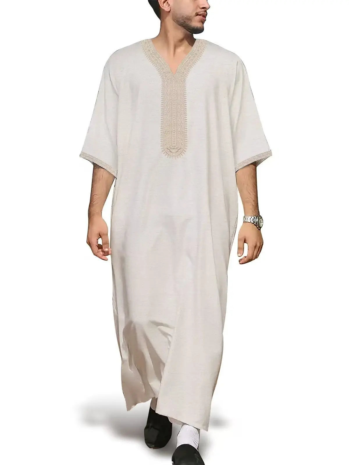 2025 New High-end Embroidered Thobe Men's Clothing Muslim Mid-sleeve Linen Robe with Pockets Ramadan Dubai Luxury Islam Elegant
