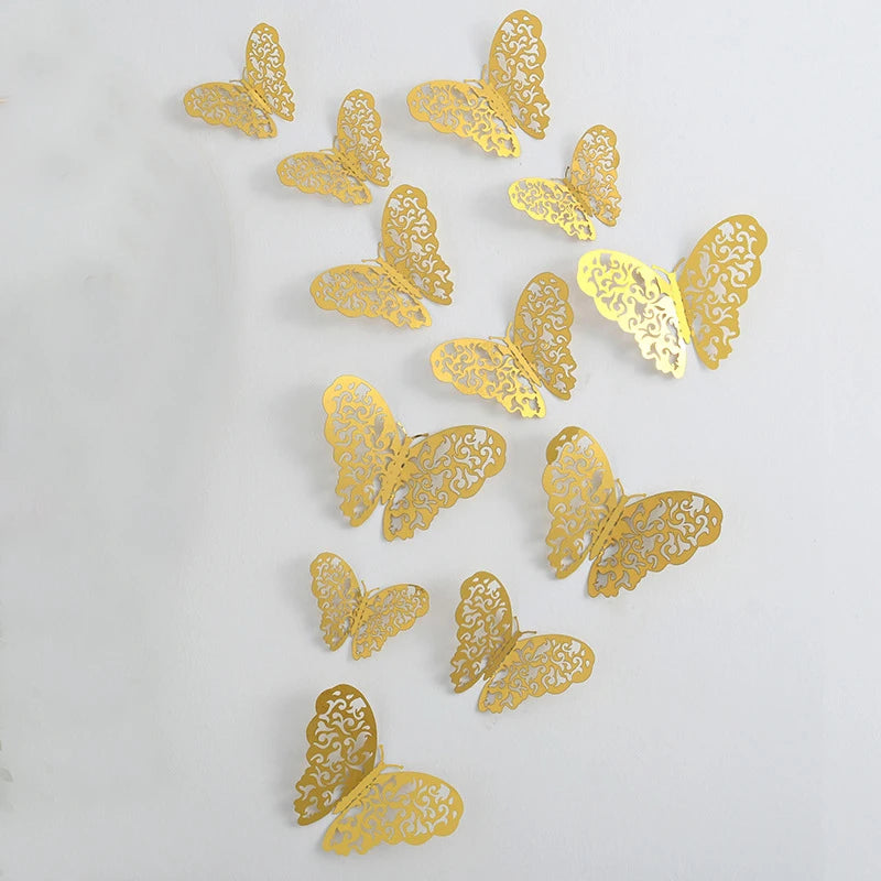 12/24/48Pcs 8cm 3D Butterfly Wall Stickers Gold Butterfly Decorations for Butterfly Birthday Party Cake Room Window Garden Decor