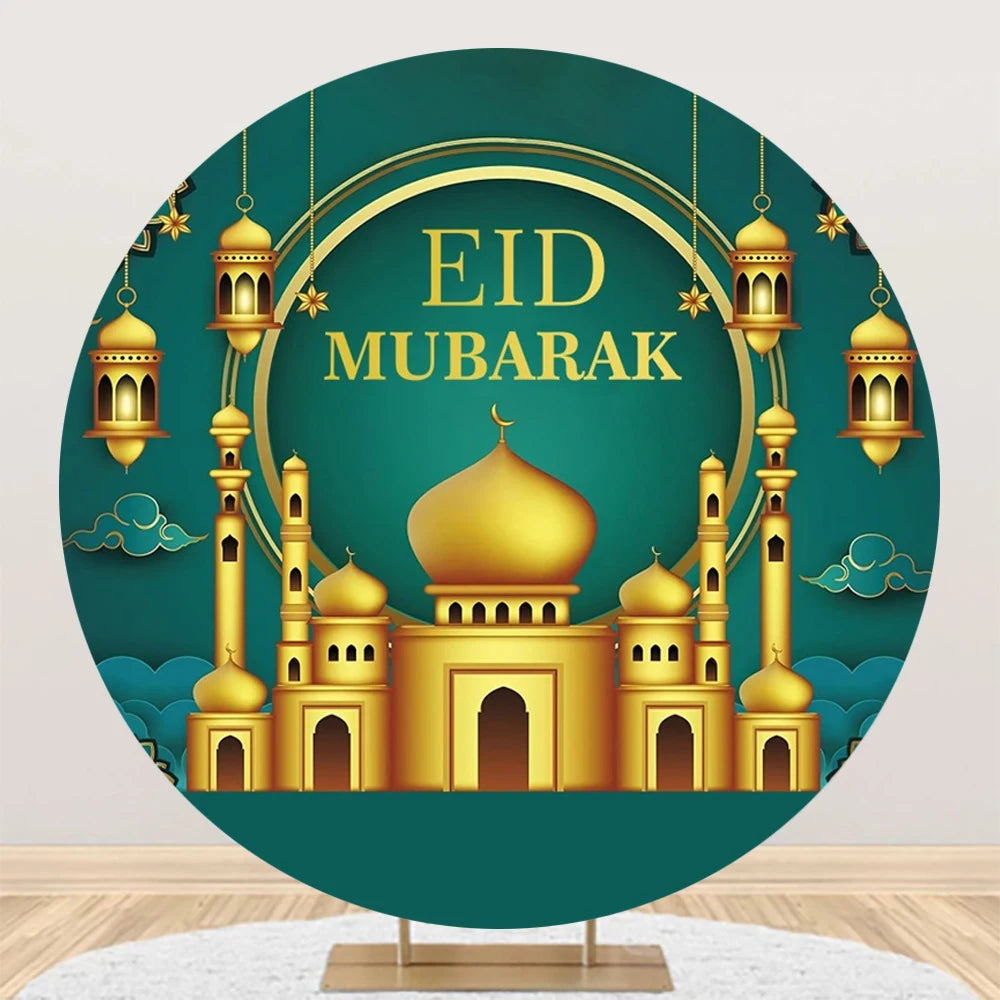 Eid al Fitr Mubarak Round Backdrop Cover Arab Ramadan Karim Golden Moon Star Cloud Lantern Party Decor Banner Photo Stall Props