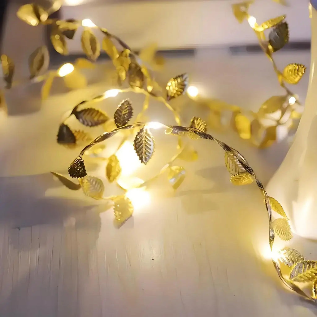 Led Romantic Golden Leaf Fairy Lantern-(20Led Always on Style) Elegant String Lights for Home Decoration, Table Layout, Wedding and Activities Suitable for Valentine's Day, Birthday Party, Weddings, Christmas, Thanksgiving, L