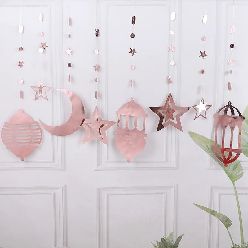 Ramadan Gold Silver Star Moon Lantern Hanging Streamer Garland Eid Mubarak Home Decoration 2025 Muslim Islamic Party Supplies