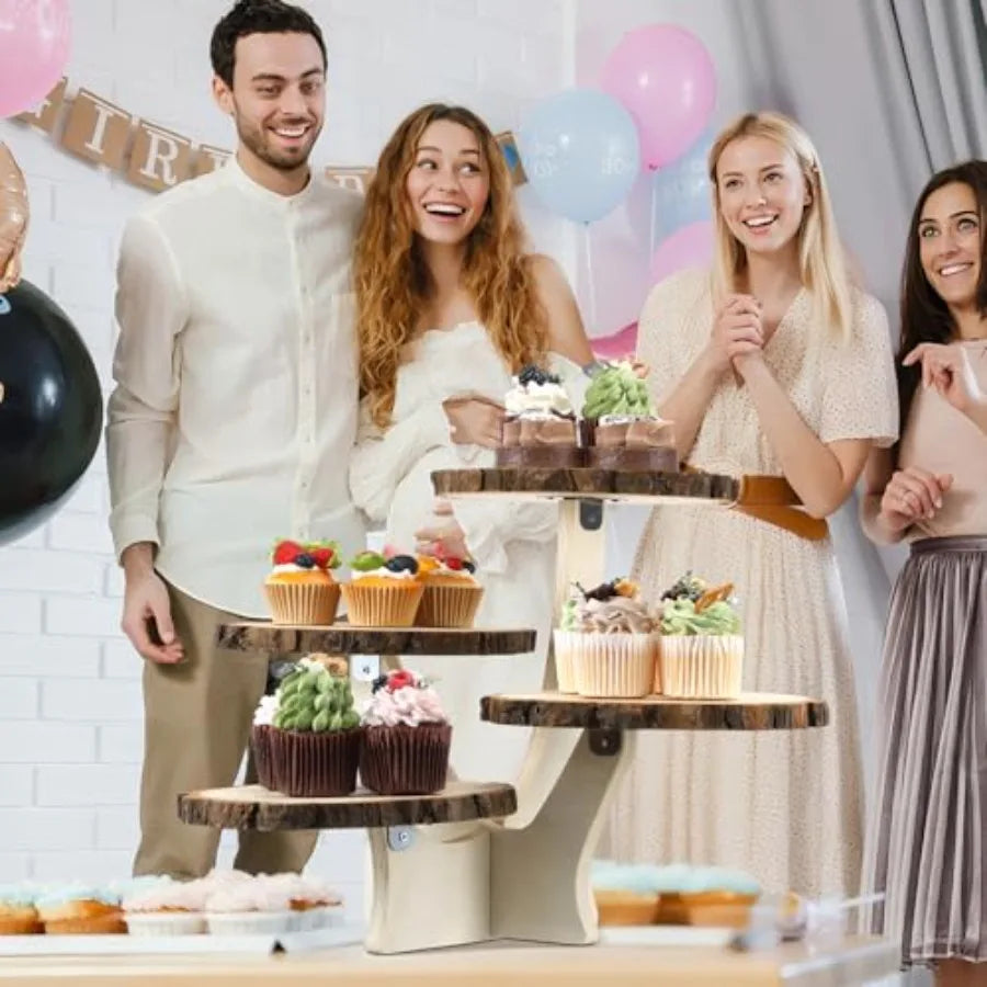 4 Tier Round Natural Wood Cupcake Dessert Stand Cup Cake Tower Stand Holder Wooden Cake Display Tiered Centerpiece for Party Bi