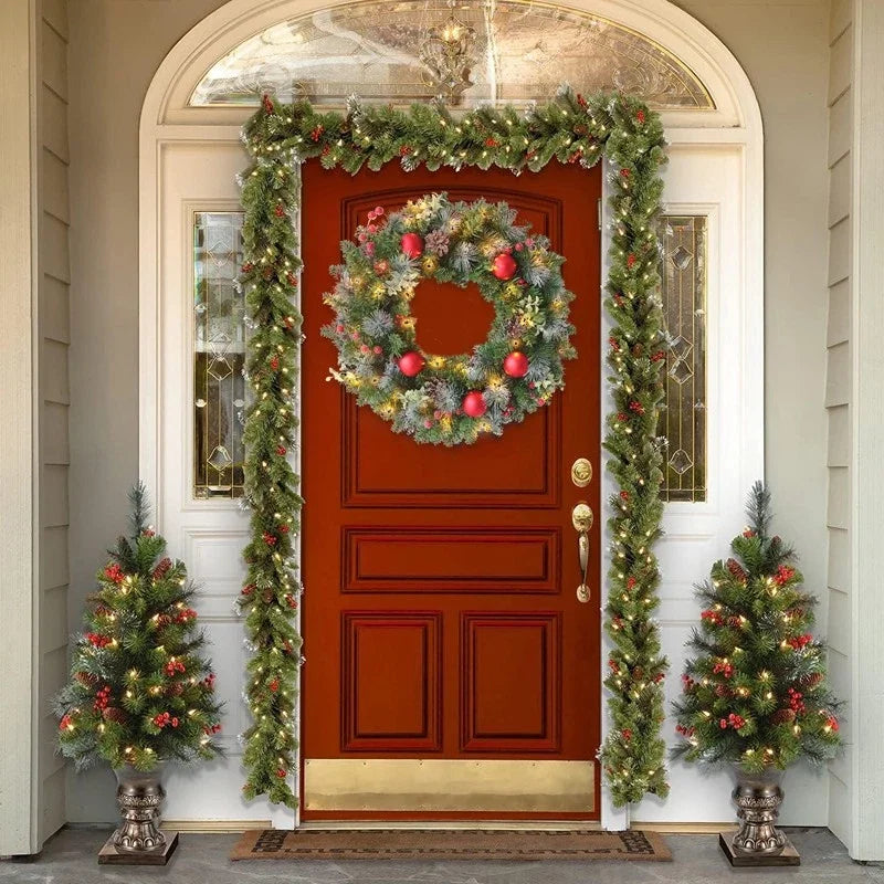 Christmas Wreaths For Front Door With String Lights 35/40cm Christmas Door Wreath With Artificial Pinecone Red Berry Home Decor
