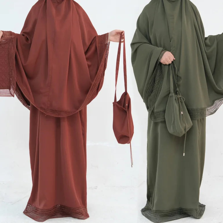 Muslim 4 Piece Set Women Skirts Headscarf Lace Storage Bag Prayer Pad Suit Eid Ramadan Morocco Dubai Hijab Long Skirt Outfits