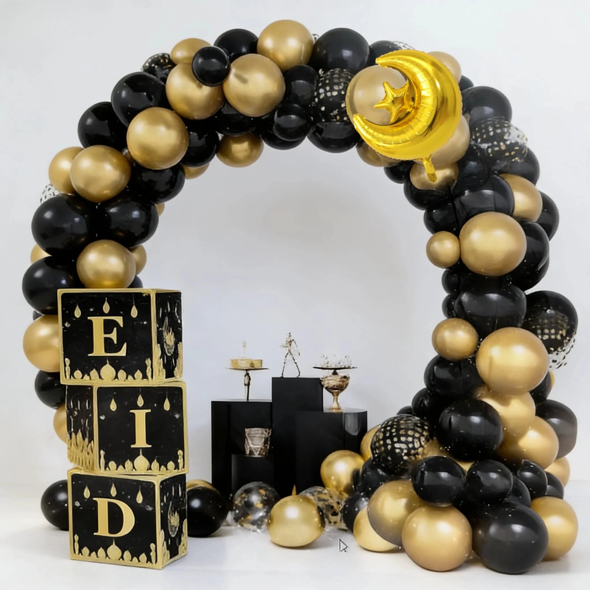 72-Piece Eid Balloon Arch Kit - Black and Gold Moon and Star Balloons, Festive Ramadan Decorations, Suitable for Muslim Party Backdrops