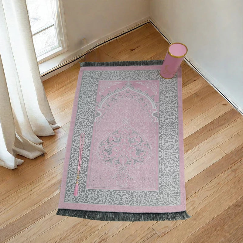 Prayer Mat Set with prayer beads and Cylinder Gift Box Portable Travel Prayer Rug Worship Blanket Ramadan Islamic Muslim Gift