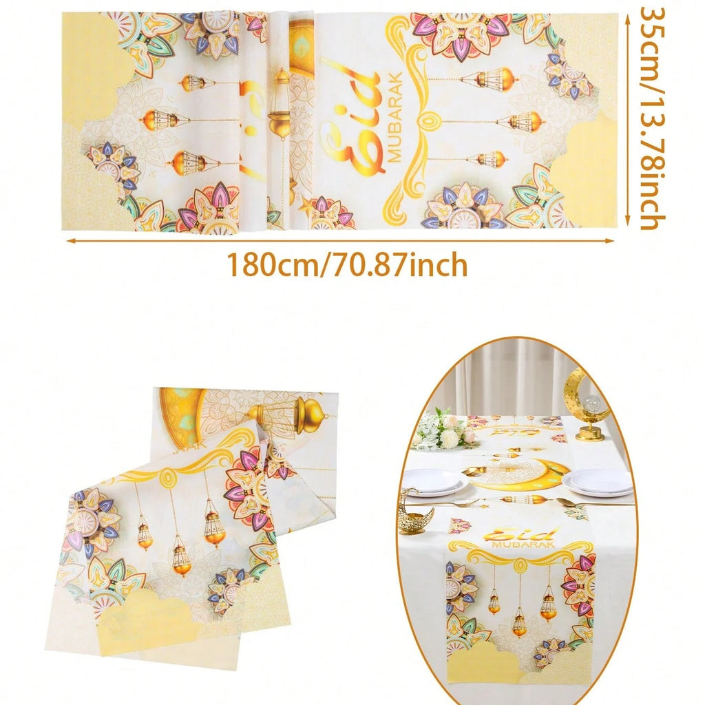1Pc Eid Mubarak Decorative Table Runner, Gold Painted Star and Moon Table Runner, Muslim Holiday Party Table Runner, Long Tablecloth