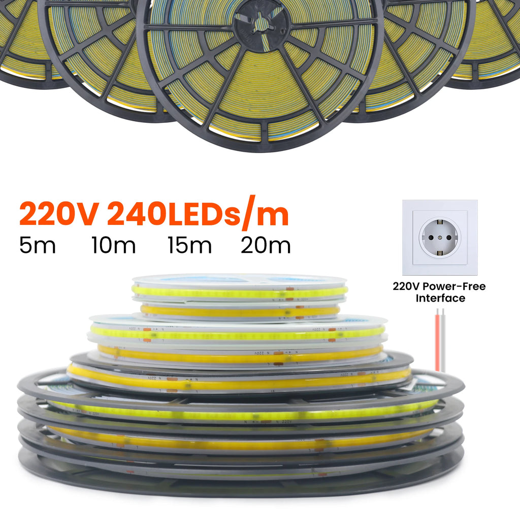 AC 220V COB Strip 240Leds/M 5M 10M 20M 50M/Roll Red/Green/Ice Blue/Pink/White/Purple Flexible Ribbon LED Light For Home Decor