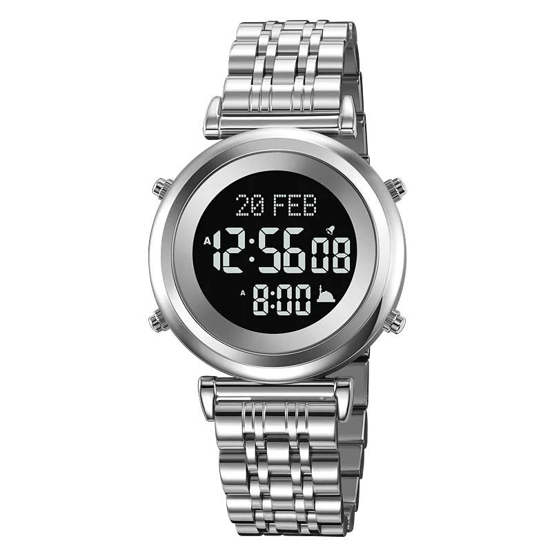 Muslim Azan Digital Watch Mens Back Light Waterproof Steel Hijri Islamic Wristwatch Prayer Qibla Compass Alarm Clock
