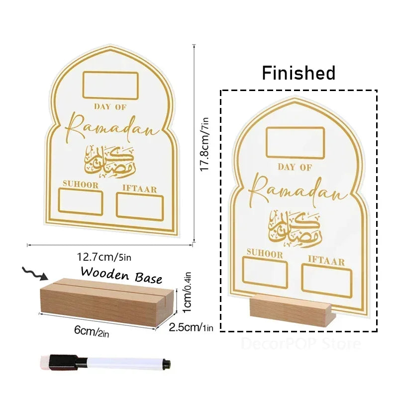 Reusable Ramadan Calendar Board Wooden Base Table Ornament Mubarak Eid Advent Day Suhoor Iftaar Countdown Gifts with Pen