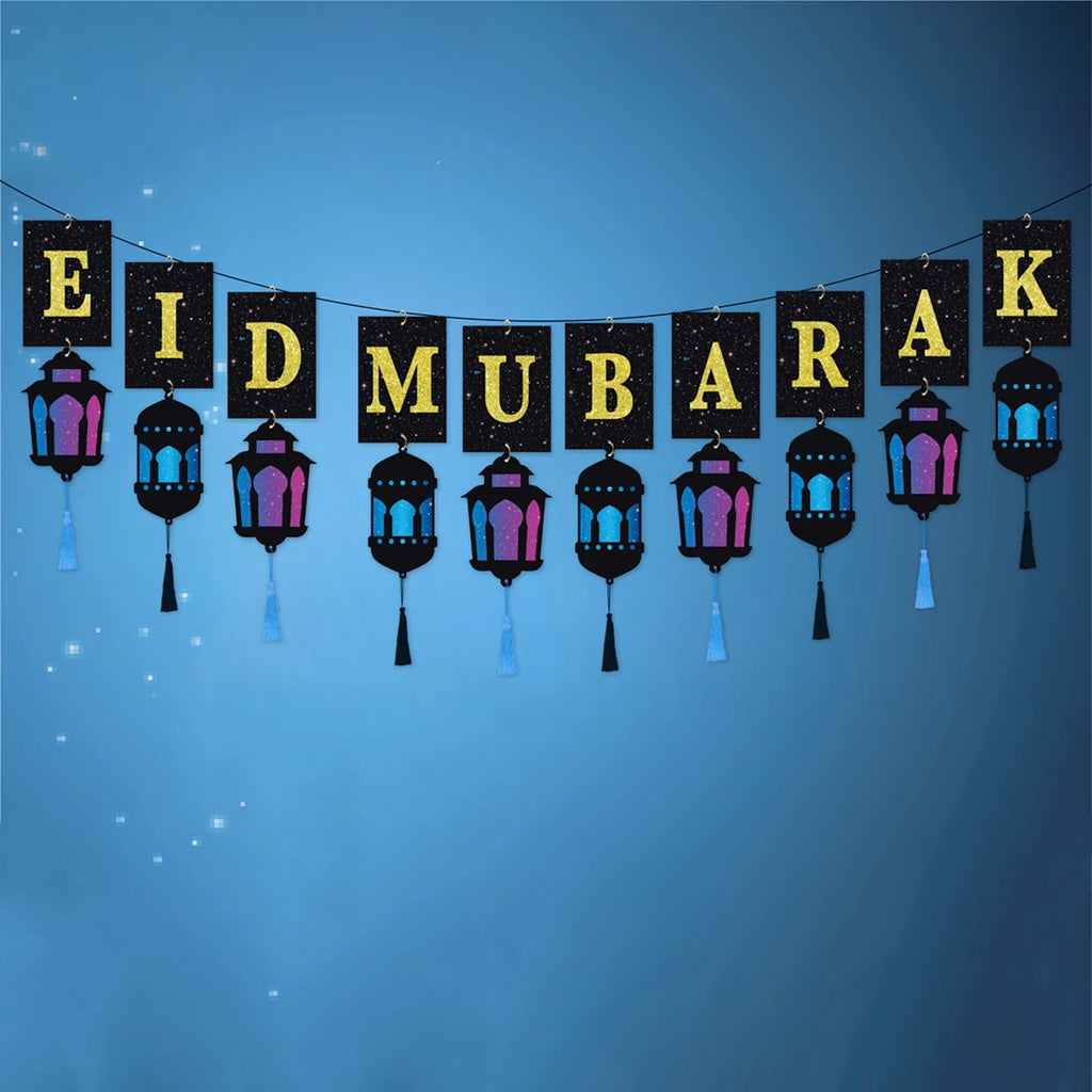Eid Mubarak Banner with Lantern Tassels Ramadan Kareem Islamic Festival Party Decor Muslim Home Wall Hanging for Eid Adha Gifts