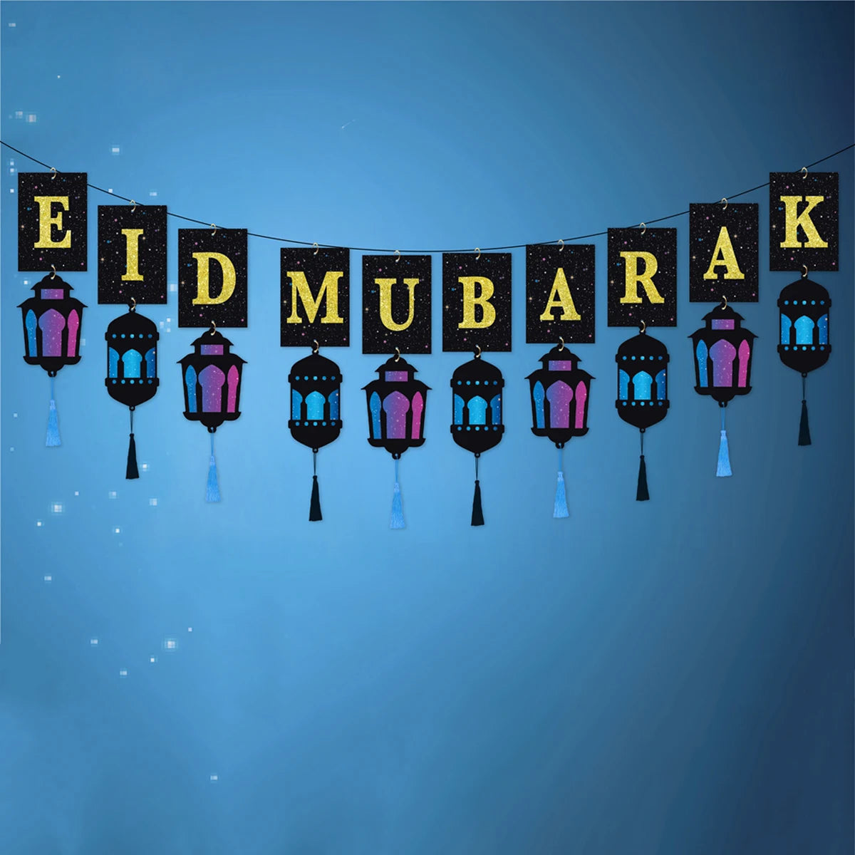 Eid Mubarak Banner with Lantern Tassels Ramadan Kareem Islamic Festival Party Decor Muslim Home Wall Hanging for Eid Adha Gifts