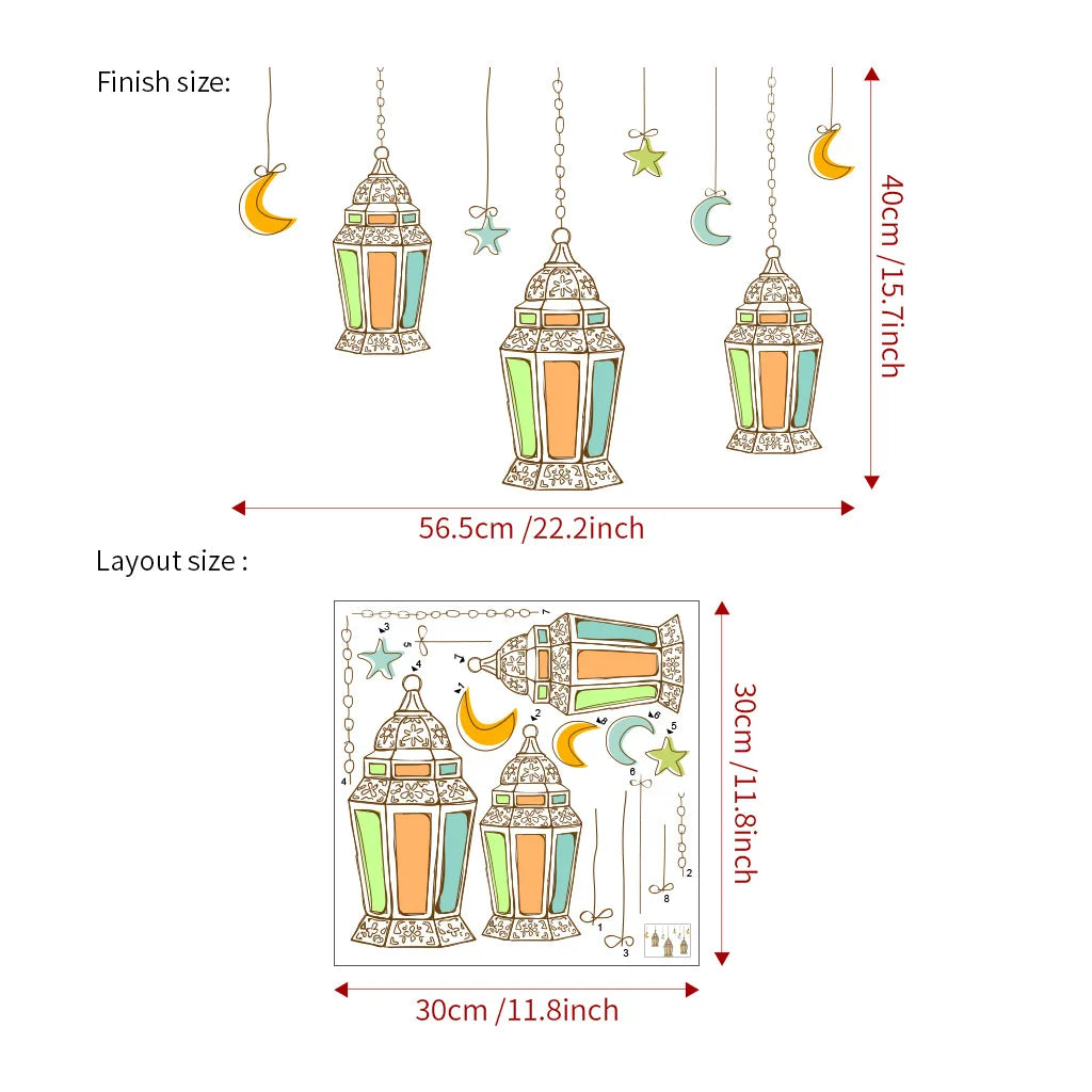Eid Mubarak Moon Star Lantern Wall Stickers Ramadan Kareem Wall Window Decals Muslim Islamic Decorations Ramadan Home Decor