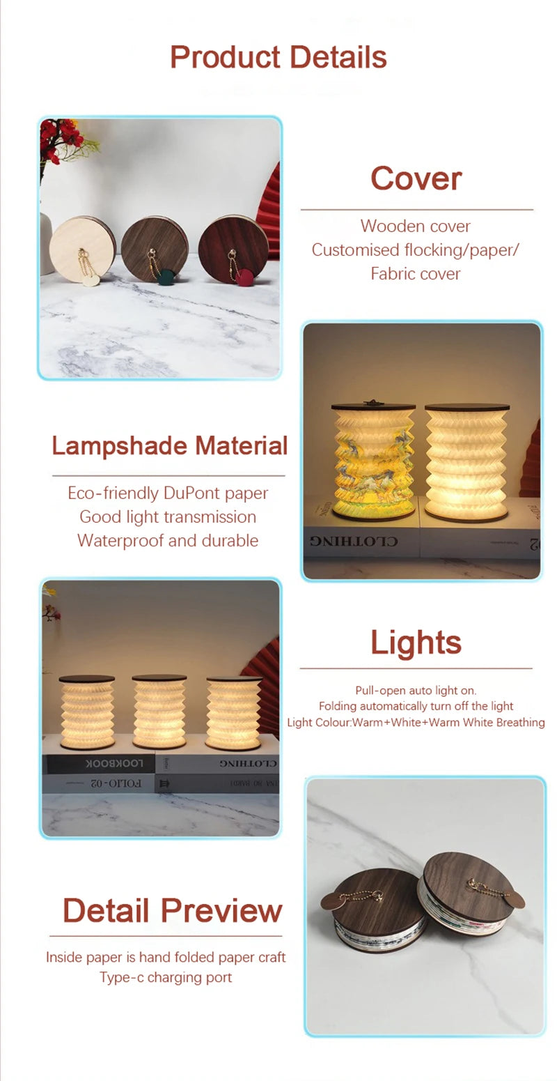 Lantern Night Light USB Portable Foldable Book Lamp Creative Gift For Bedroom Study Room Japanese-Style Decor LED Table Light