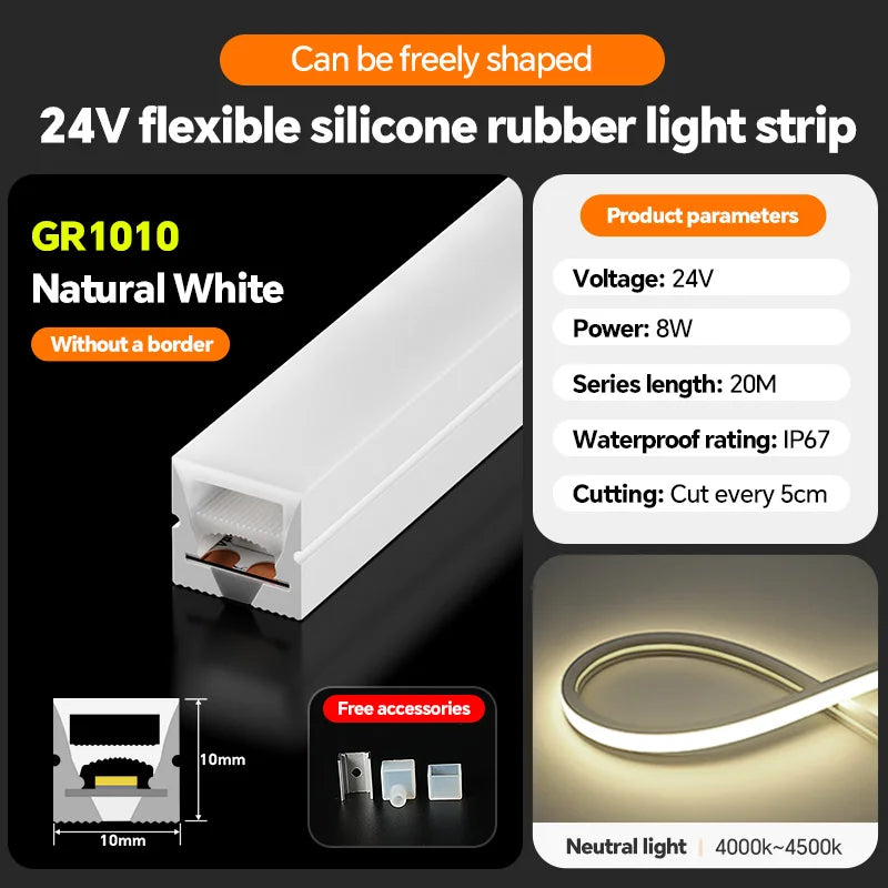 LED silicone light strip, linear light strip, embedded, 24V, waterproof, flexible, curved shape light