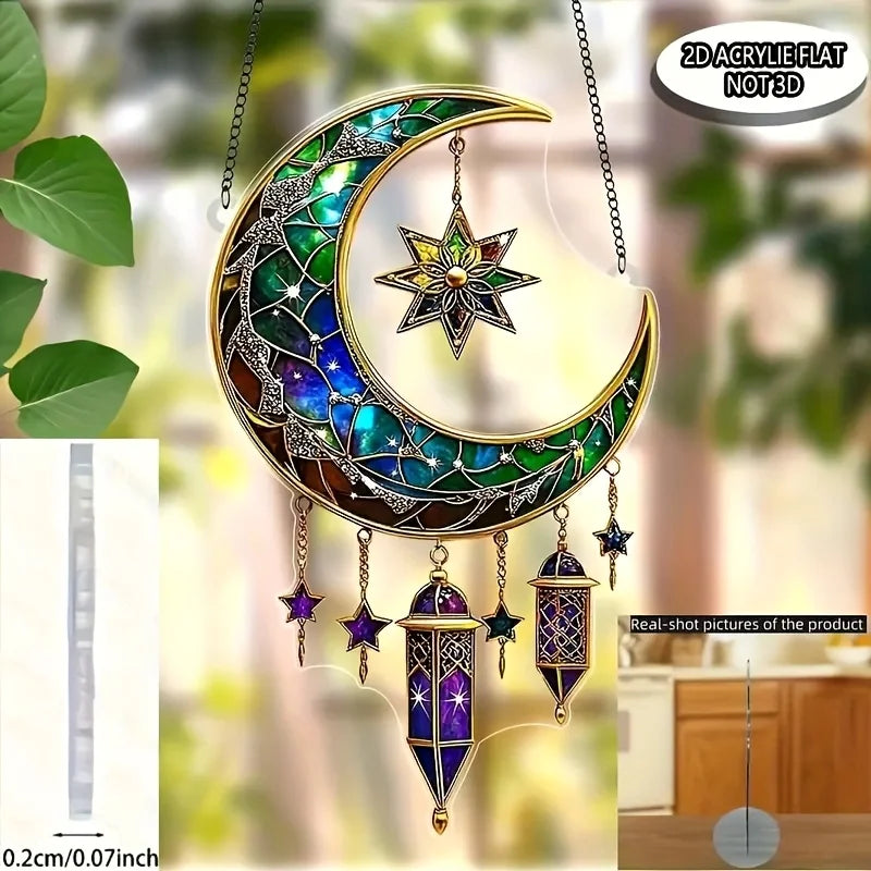 1pcs 2D Moon Acrylic Light Catcher, Traditional Islamic Design Ramadan and Eid Al-Fitr Window Hanging Decoration