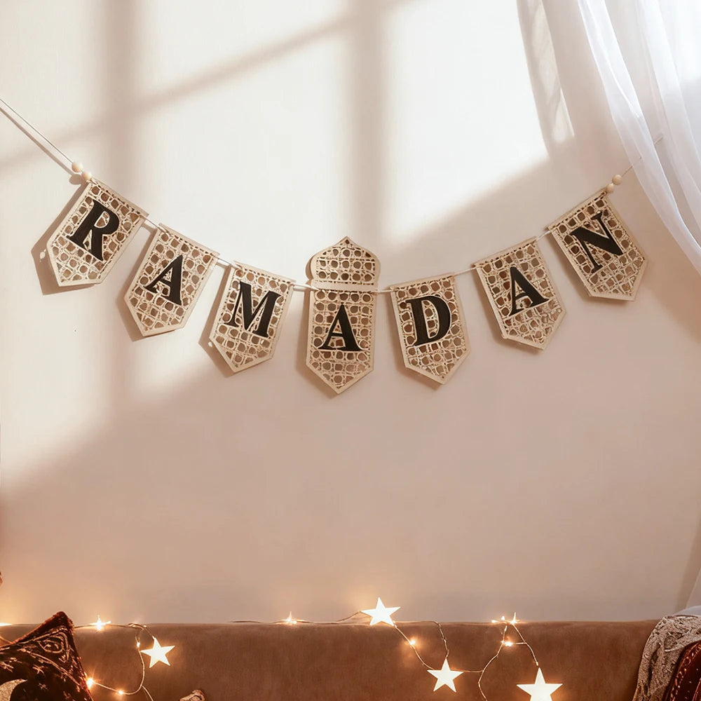 Ramadan Mubarak Banner Hollow Lantern Hanging Garland for Islamic Muslim Eid Festival Home Party Ornament Wall Decor Supplies
