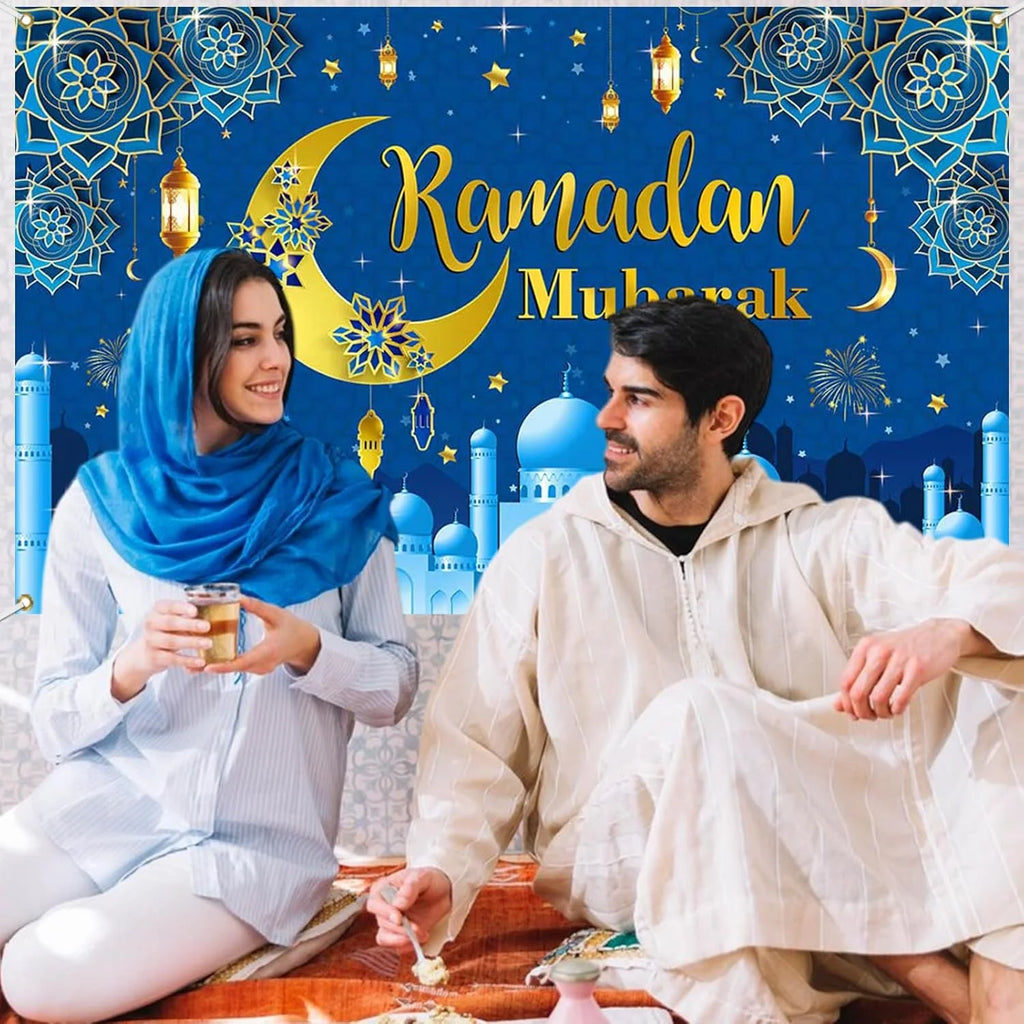 VIKAMA Ramadan Mubarak Decoration Background Banner Blue Eid al Fitr Decoration Family Muslim Ramadan Photo Booth Props