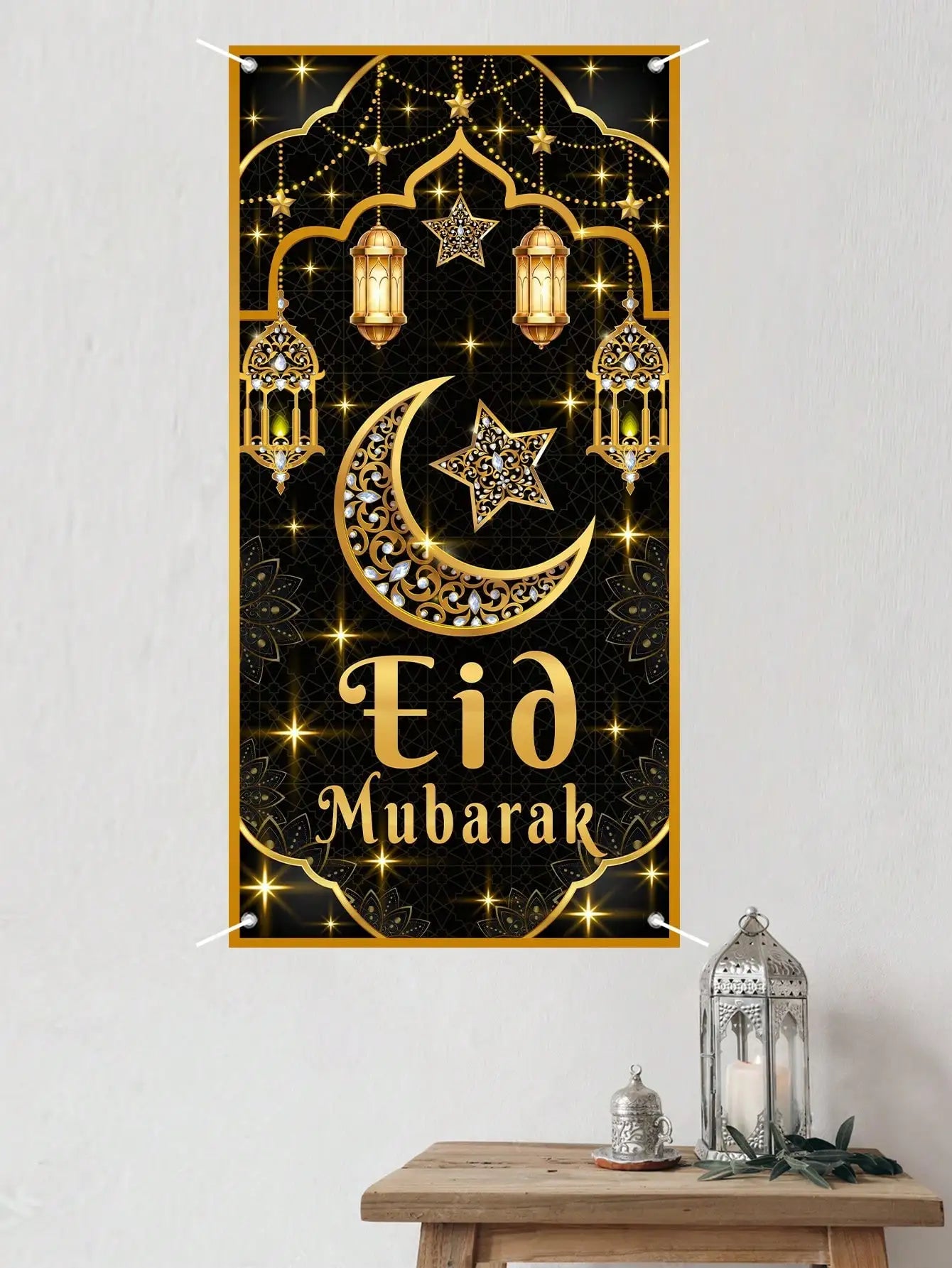 1 Piece Eid Mubarak Door Curtain Black Gold Star and Moon Lantern Decoration Hanging Curtain Islamic Style Festival Door Decoration Hanging Cloth