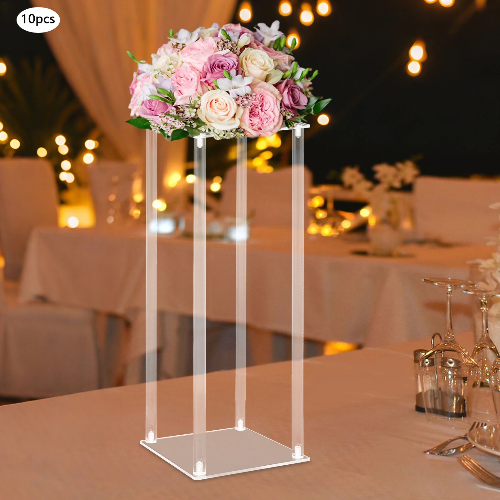 10Pcs Acrylic Vase Wedding Flower Stands Set 60cm Height Clear Column Rack Geometric Display Stand for Home Party Wedding Decor
