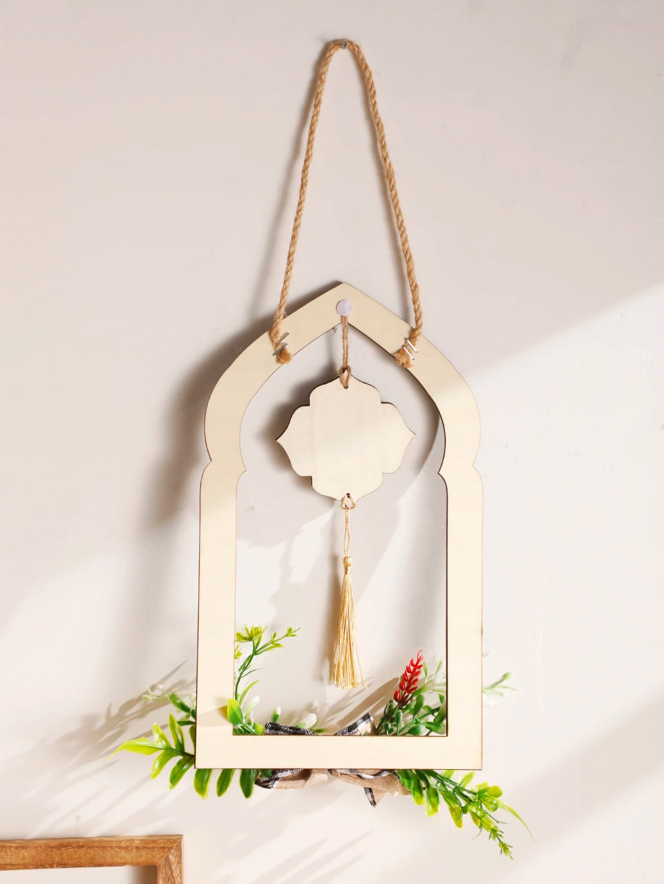 Ramadan Wooden Wall Hanging Decor Islamic Arch Design with Floral & Tassel Festive Home & Wall Decoration for Ramadan & Eid Gift