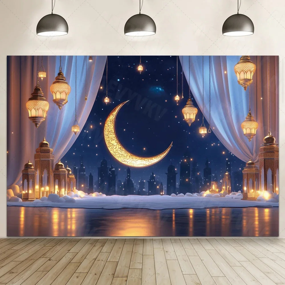 Ramadan Eid Mosque Photo Booth Backdrop Customizable Islamic Party Decoration Green Gold Banner Photography Studio Background