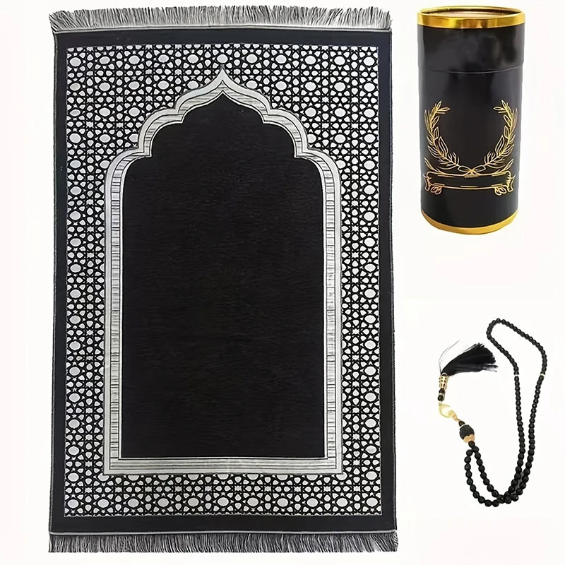 Prayer Mat Set with prayer beads and Cylinder Gift Box Portable Travel Prayer Rug Worship Blanket Ramadan Islamic Muslim Gift