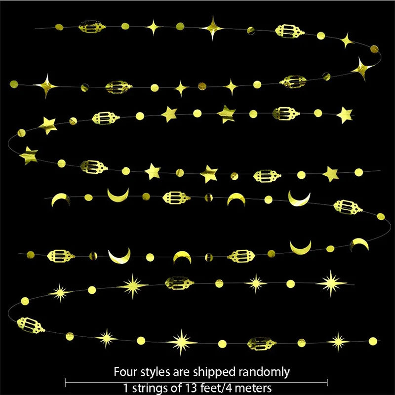 Gold Eid Mubarak Ramadan Decor Paper Star Moon Circle Dot Crescent Lamp Garland for Home Muslim Party Backdrop Banner Decoration