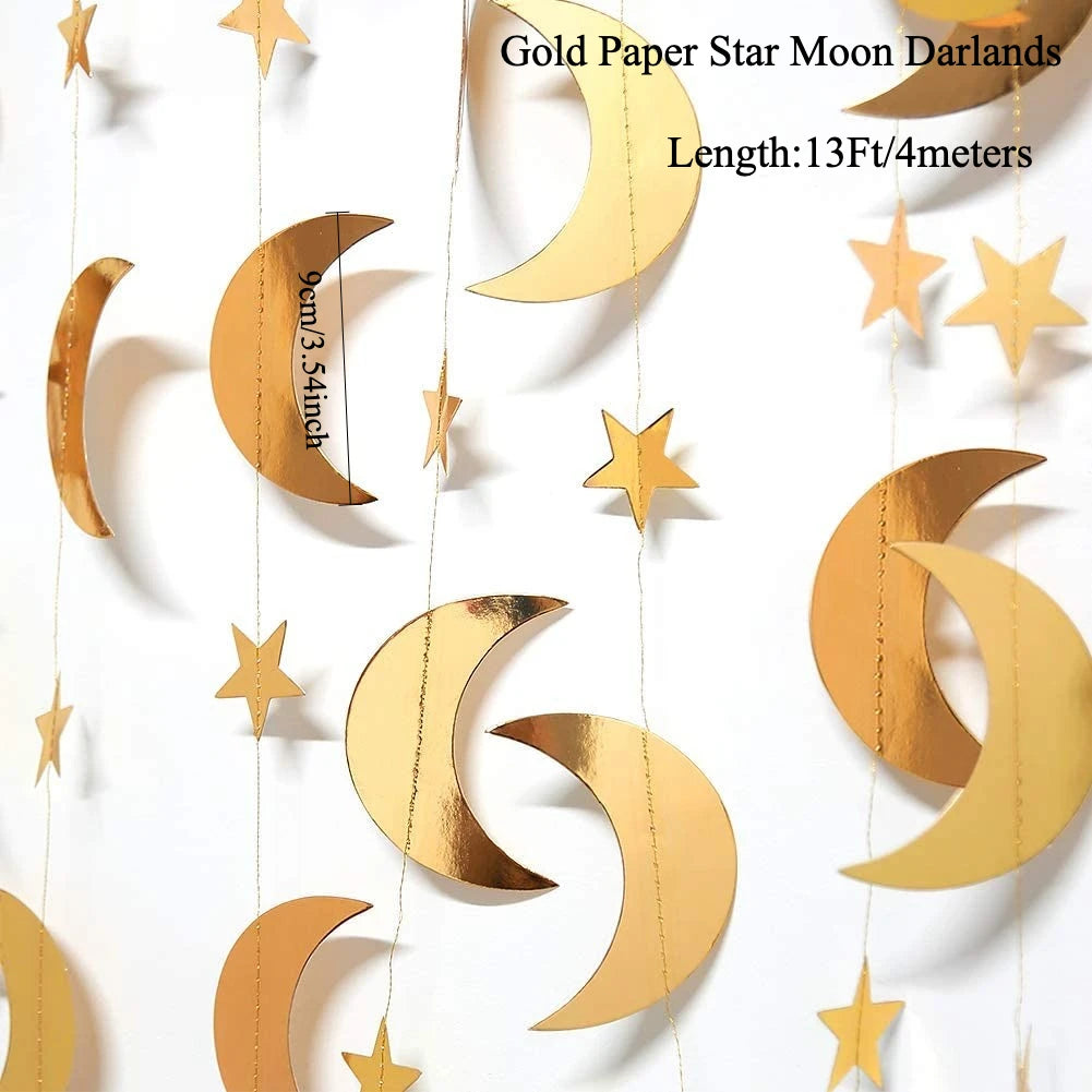 Gold EID Party Decorations Happy Birthday Banners Circle Twinkle Star Garland Metallic Tinsel Banners Hanging Streamer Backdrop