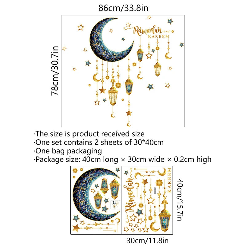 Eid Mubarak Wall Stickers Moon Star Lantern Ramadan Kareem Wall Decals Muslim Islamic Window Sticker Decorations for Home 2024