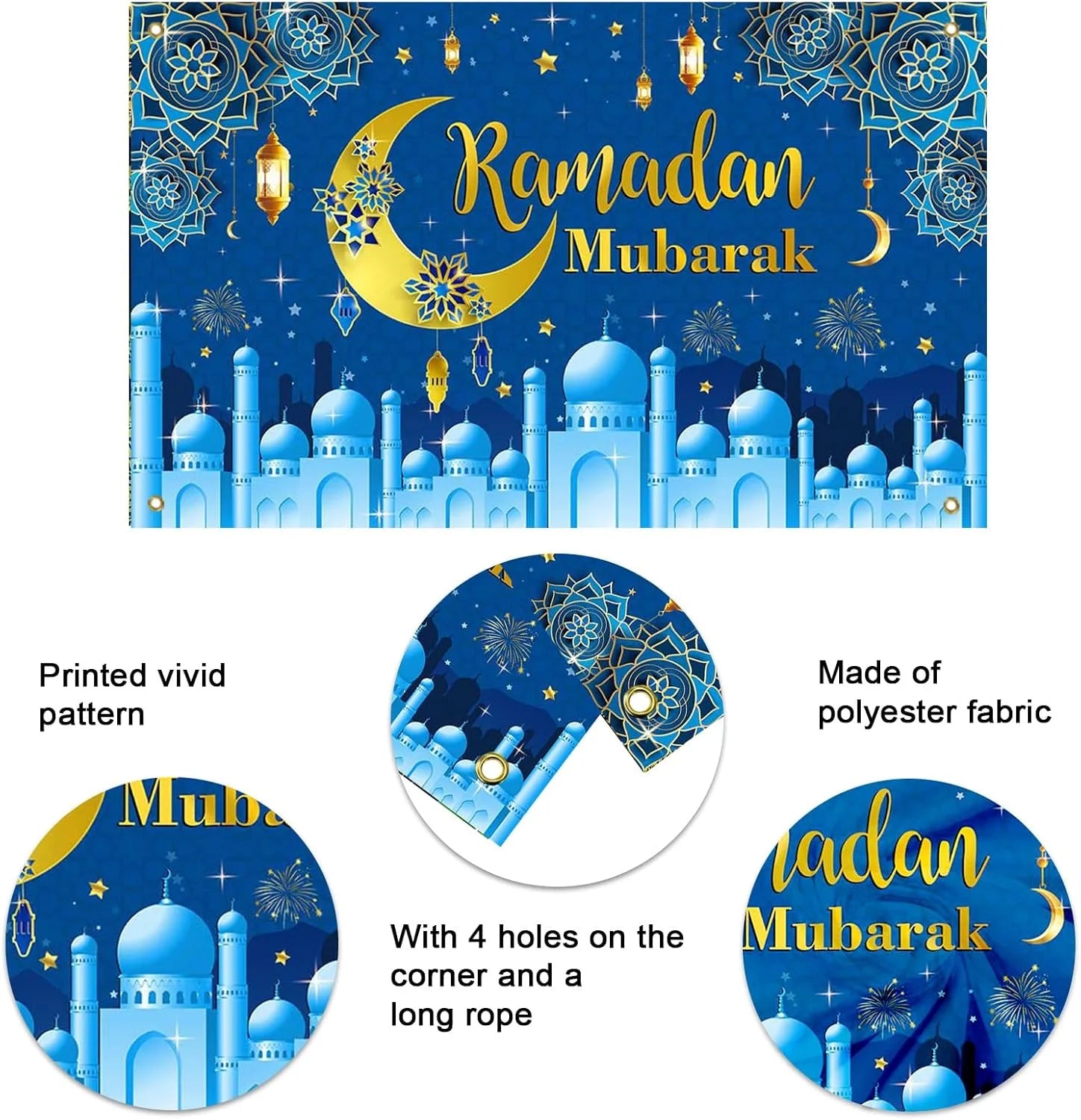 VIKAMA Ramadan Mubarak Decoration Background Banner Blue Eid al Fitr Decoration Family Muslim Ramadan Photo Booth Props