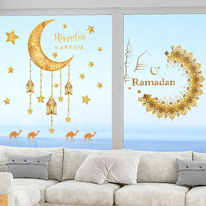 Eid Mubarak Window Sticker 2025 Ramadan Kareem Wall Sticker Muslim Islamic Festival Party Decoration Supplie Electrostatic Decal
