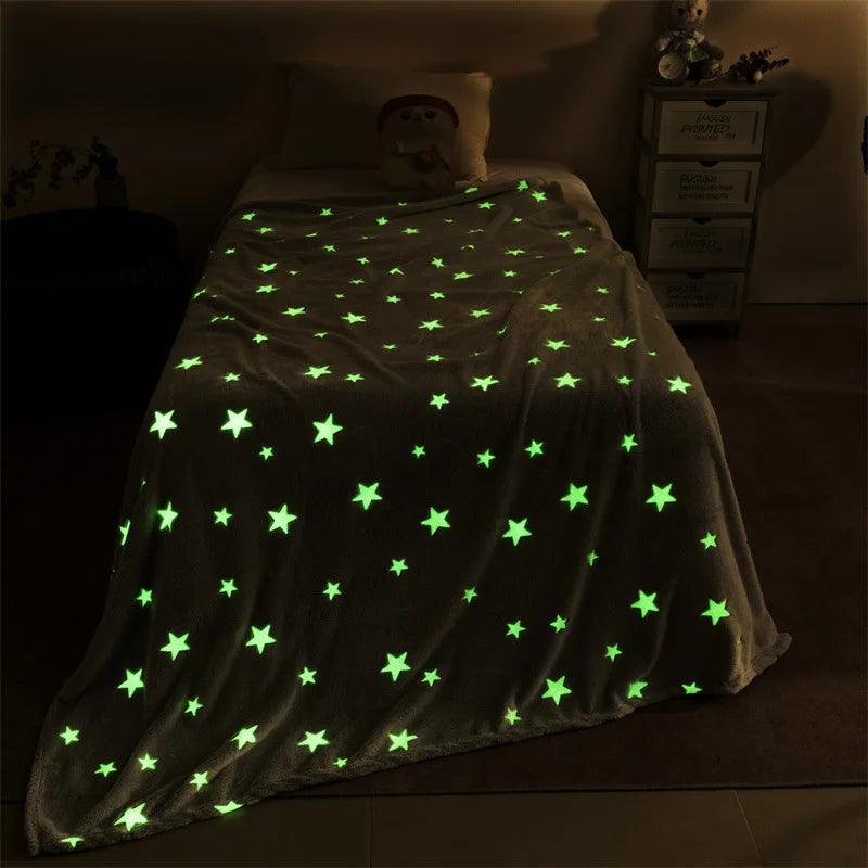 Magical Luminous Flannel Throw Blankets Night Fluorescent Fluffy Kids Blanket Star Moon Warm Sofa Bedspread Nap Leisure Covering