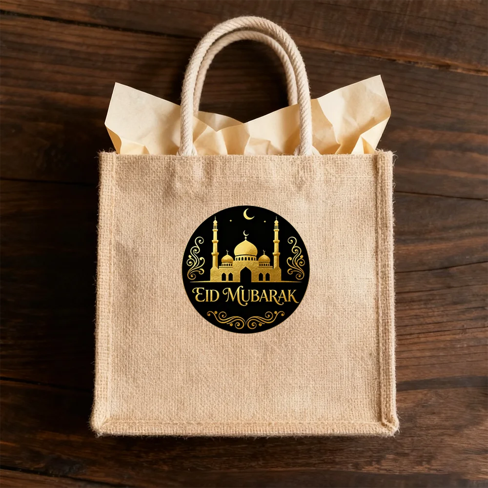 Eid Mubarak Round Stickers Black & Gold Crescent Ornate Decorative Decals, Ideal for Eid Gift Bags, Boxes and Envelopes