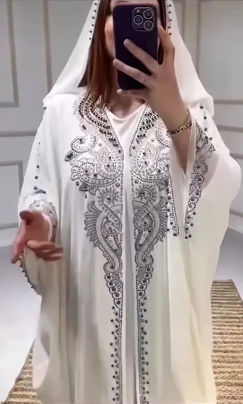 Eid Muslim Dress for Women – Hooded 2-Piece Diamond Jalabiya Kaftan