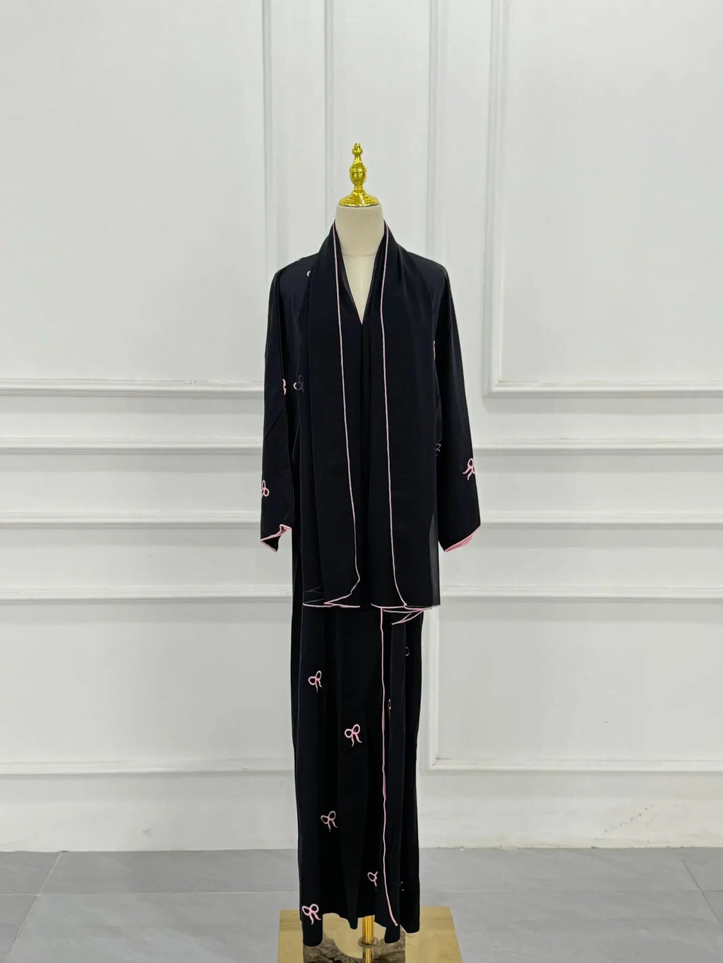 Arab Women Front Open Cardigan Scarf Burqa Islamic Bow Embroidery Robe Abaya Muslim Robe Ladies Loose Kaftan Clothing