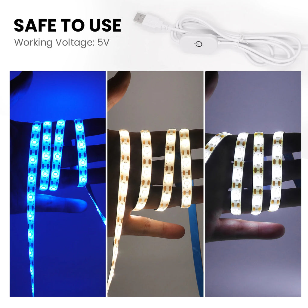 USB LED Strip Light DC5V 2835 With Dimmer/ON OFF Switch Warm Cool White Red Blue Green Pink Led Ribbon Ceiling Cabinet Light
