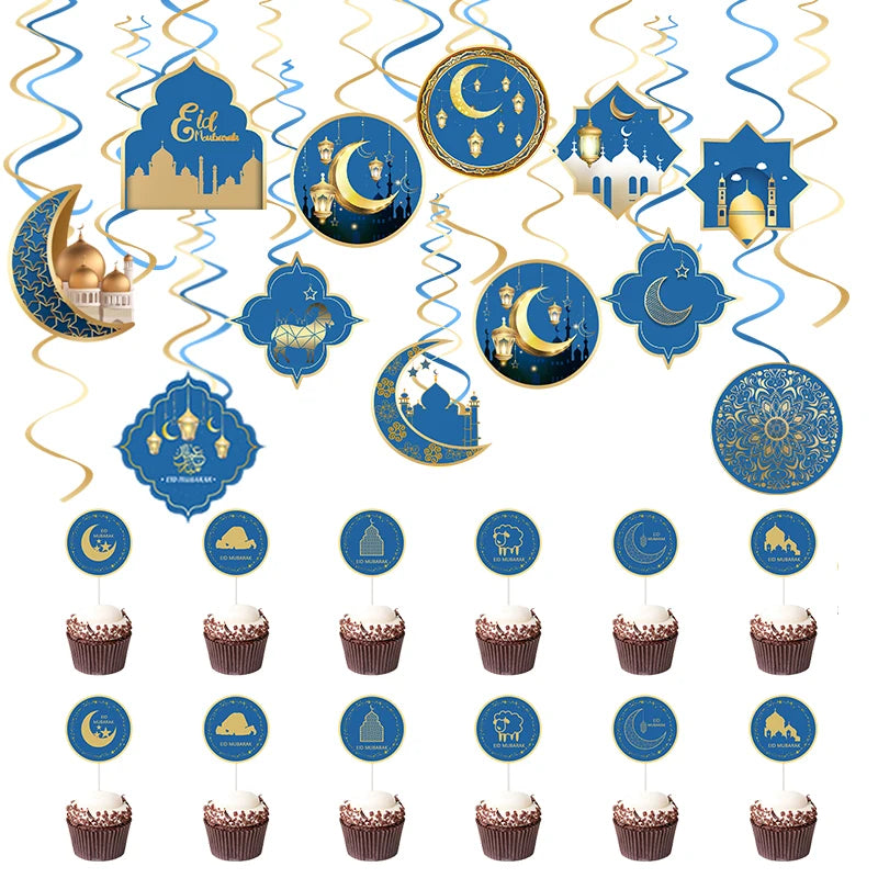 1Set Ramadan Mubarak Paper Banner Garland Hanging Pendant 2025 Islamic Muslim Party Moon Castle Decor EID Party Gift Supplies