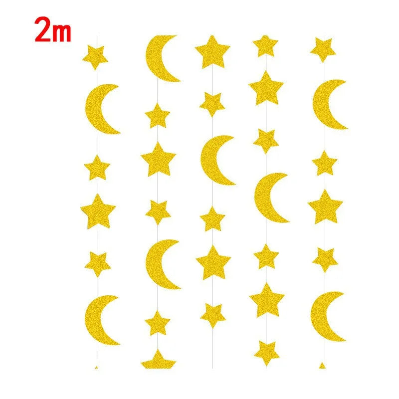 Gold Silver Moon Star Hanging Banner String Garland for Ramadan EID Kids Birthday Baby Shower Home Decorations