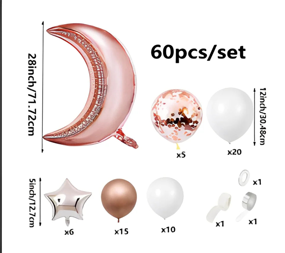 55/60pcs Gold Silver Rose Gold Moon Star Balloon Set Birthday Wedding Eid al Fitr Ramadan Party Decoration