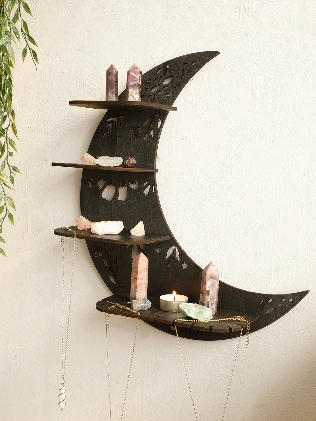 30/39cm Black Moon Wall Shelves 4-tier Wood Floating Wall Shelf Gothic Home Decor Crystal Shelf Display Ledge Essential Oil Rack