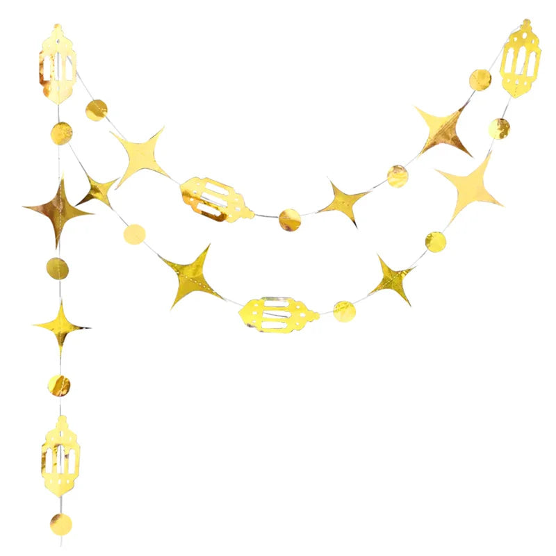 Gold Eid Mubarak Ramadan Decor Paper Star Moon Circle Dot Crescent Lamp Garland for Home Muslim Party Backdrop Banner Decoration